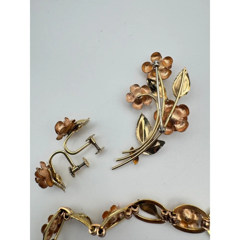 Vintage Krementz Bracelet Brooch Earrings Set Two Tone Rose